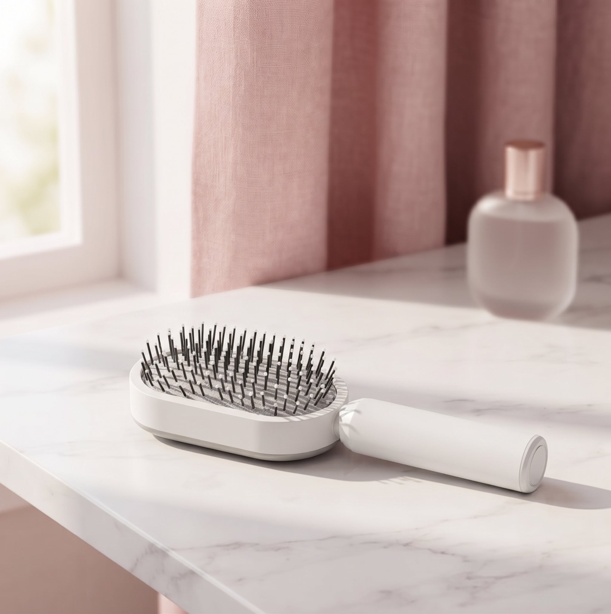 Snappi self-cleaning hairbrush on marble counter